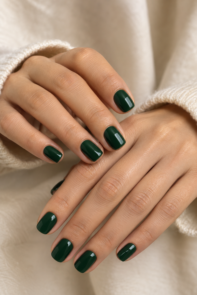 Short squoval nails painted in glossy deep forest green polish.