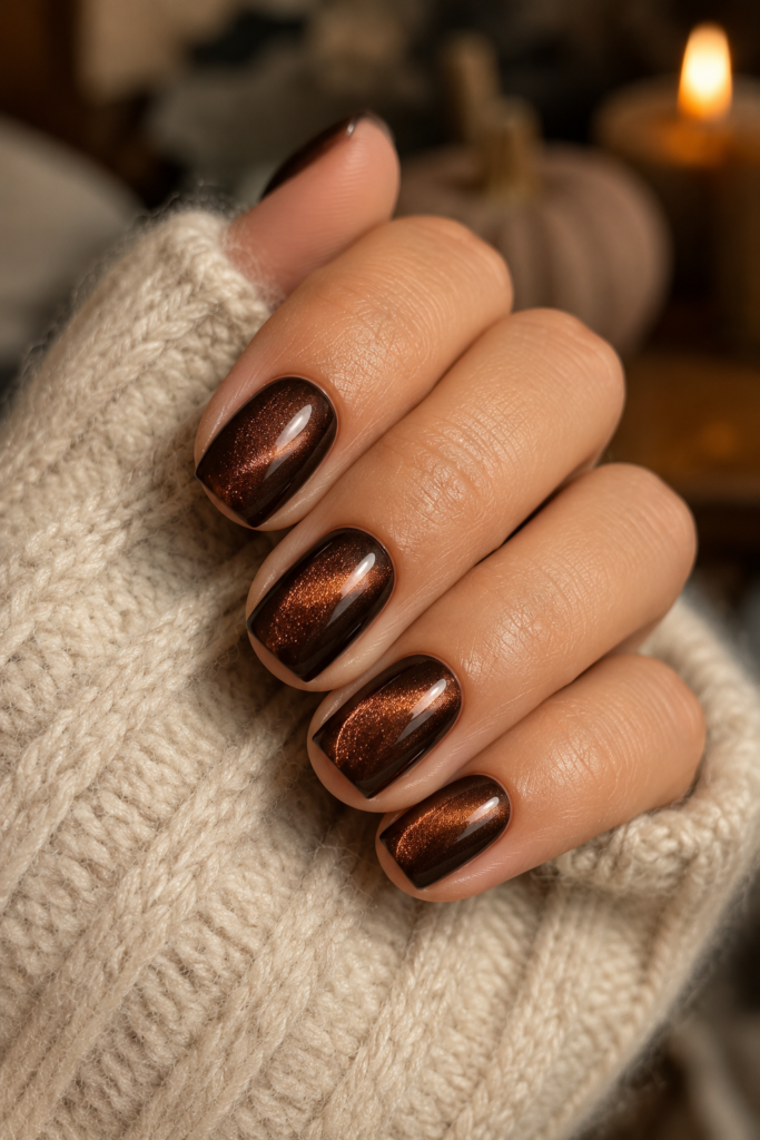 Short squoval nails with rich espresso-brown velvet magnetic polish and a soft luminous finish.