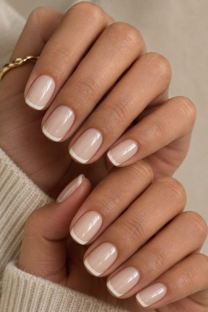 Short squoval vanilla French nails with soft creamy tips