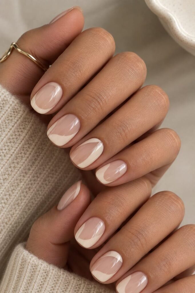 Short squoval vanilla nails with minimalist negative-space arches