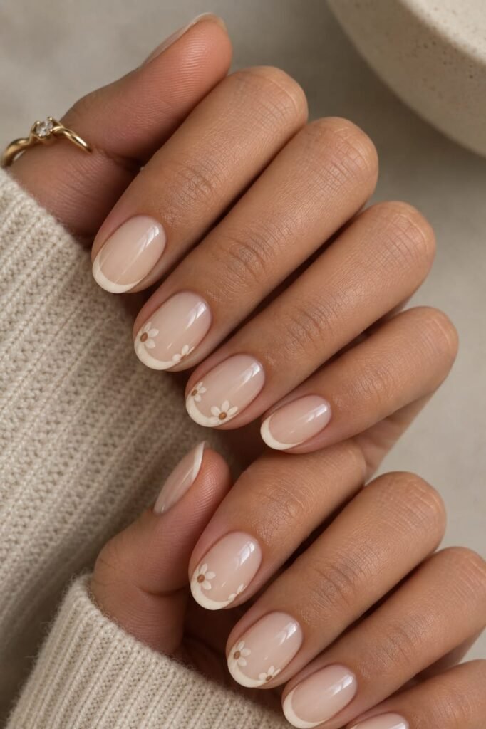 Short vanilla French nails with delicate ivory floral accents