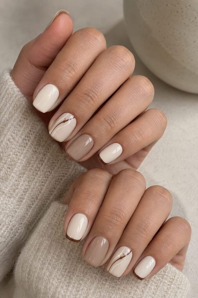 Short vanilla nails with mixed creamy, beige, mocha, and minimalist accents