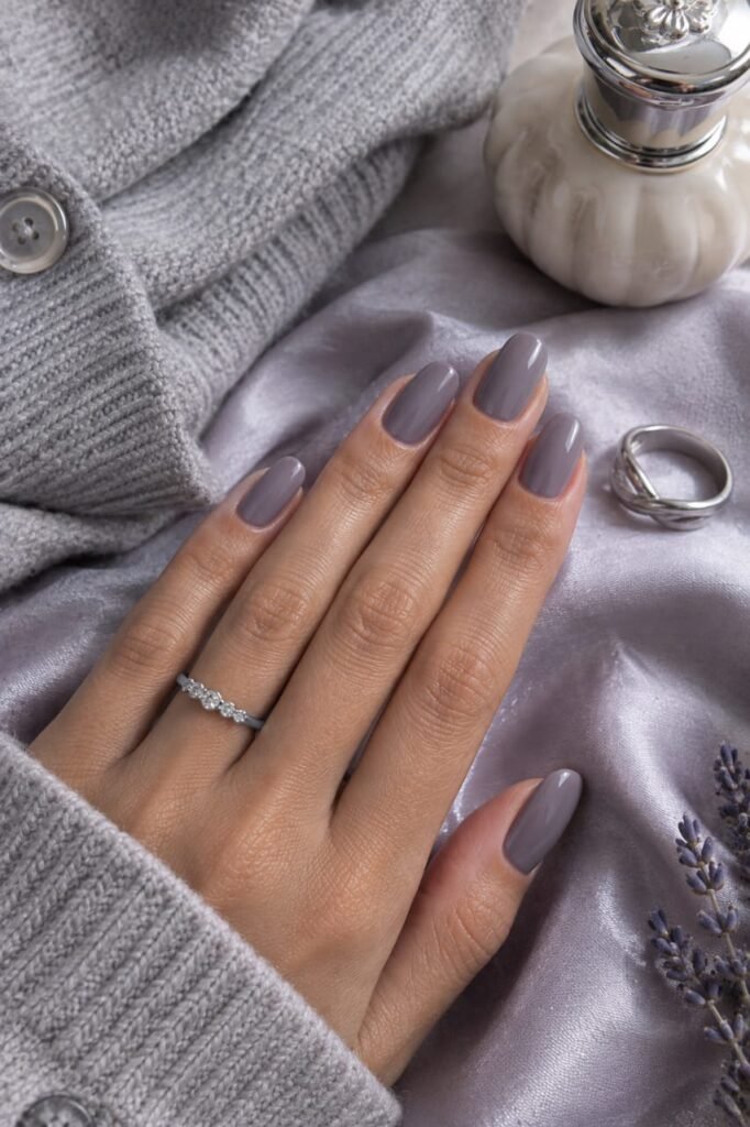 Smoky lavender September nails with a translucent glossy finish beside a gray cardigan and silk accessories.