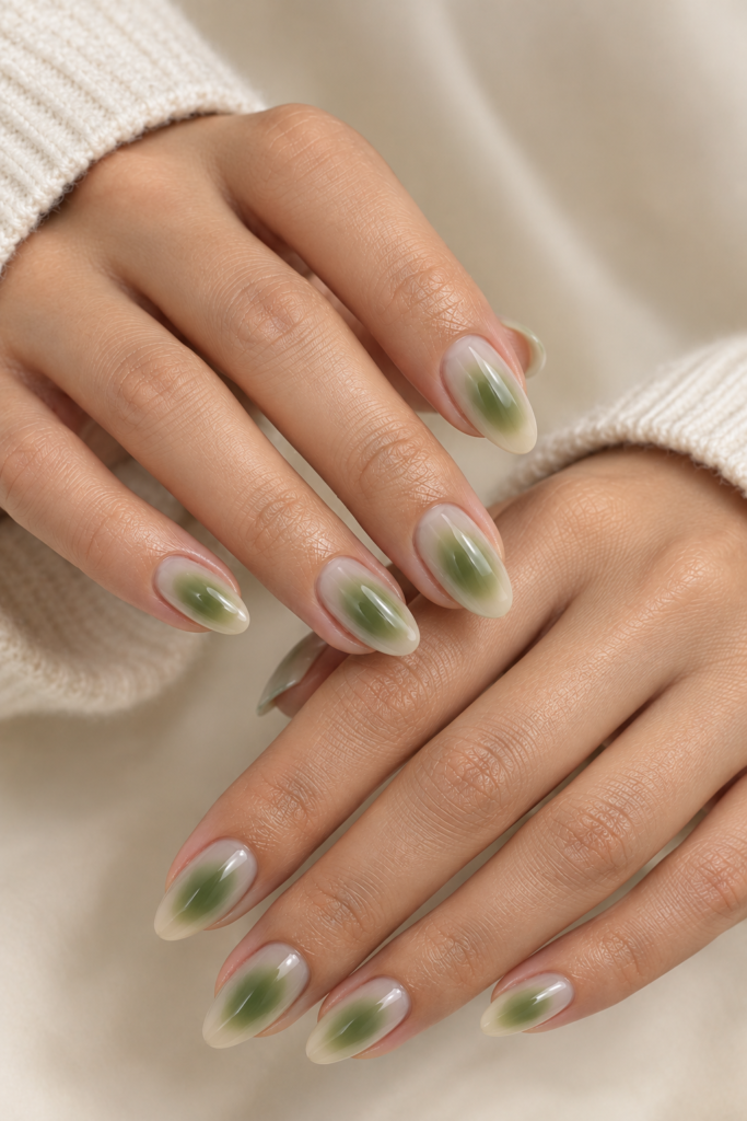Soft green aura nails with diffused emerald centers over a milky almond base