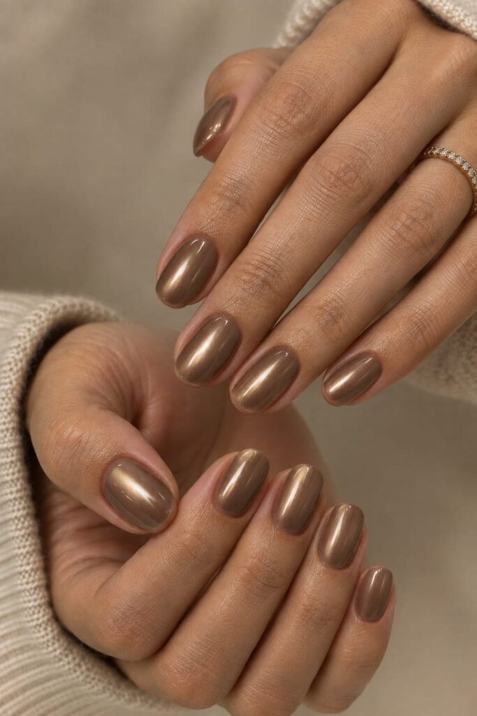 Soft mocha bronze chrome nails with short squoval tips