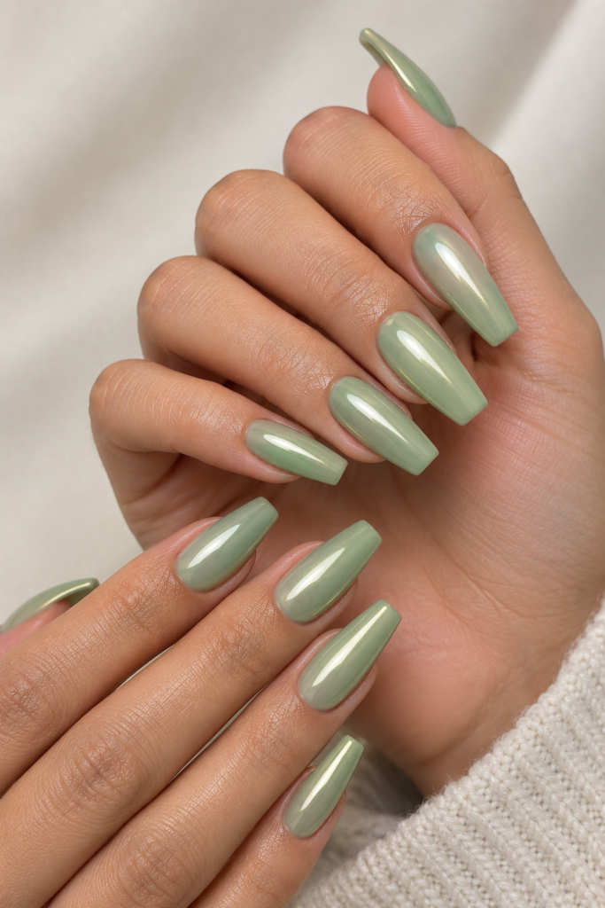 Soft pistachio green chrome coffin nails with a subtle glazed metallic finish.