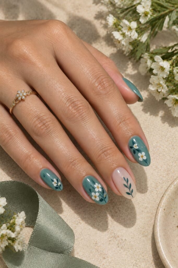 Soft teal oval nails with delicate ivory flowers and blue-green botanical accents.