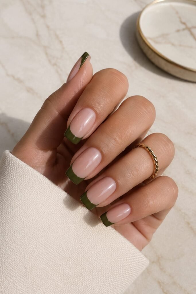 Square nude nails featuring sleek olive green French tips.