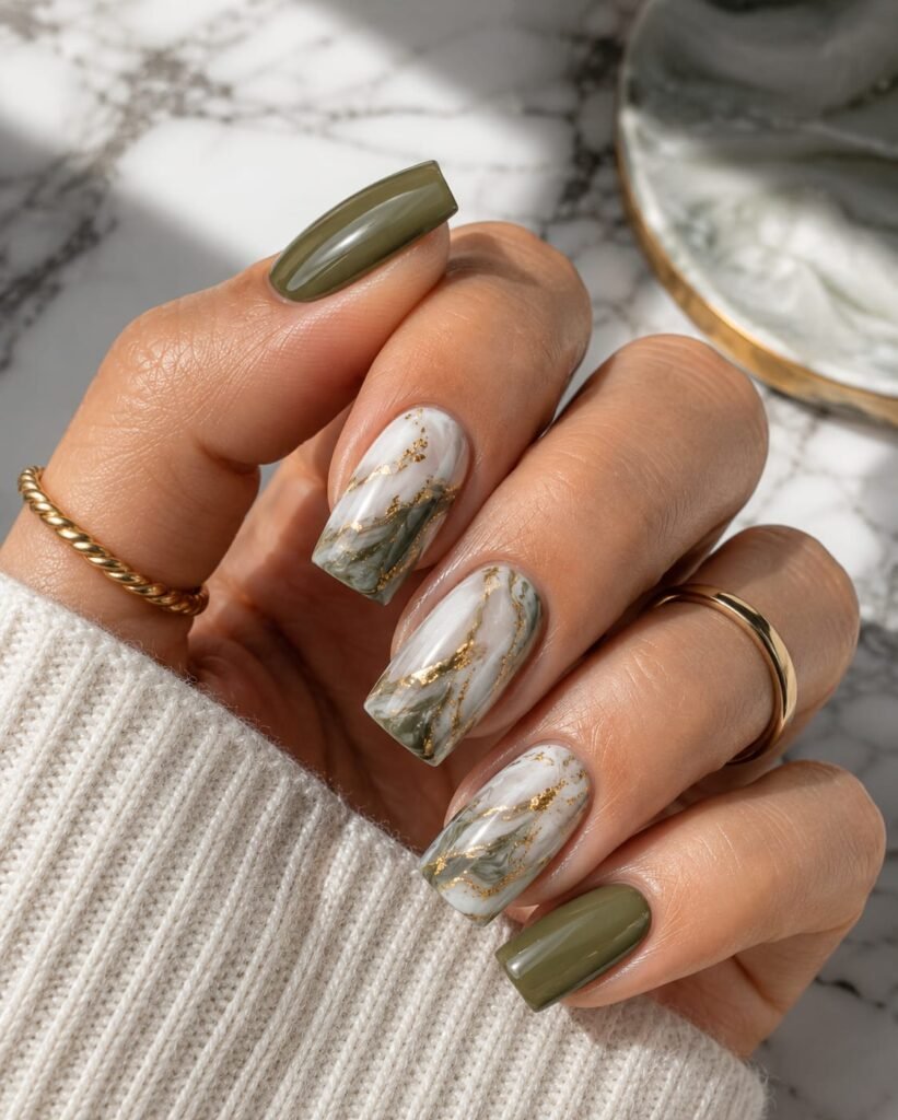 Square olive green nails with delicate marble vein accents and gold touches.
