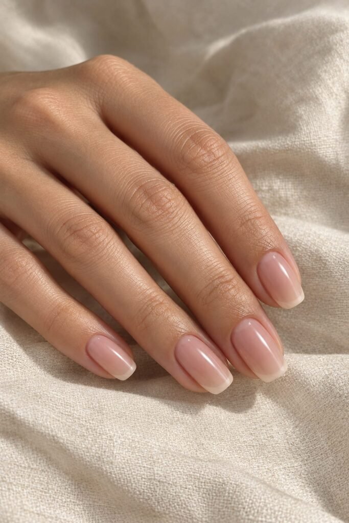 Squoval American-inspired foggy French nails with creamy ivory tips