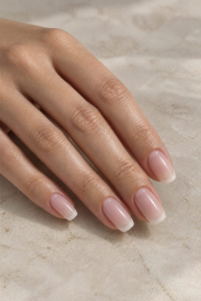 Squoval foggy French nails with sheer pink base and cool ivory tips
