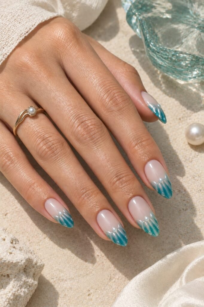 Turquoise-teal seashell French tips with raised texture and pearly accents.