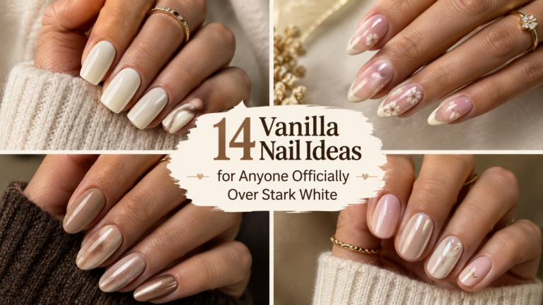 Vanilla nail ideas featuring creamy white, glazed, French, chrome, floral, and mocha-inspired manicures