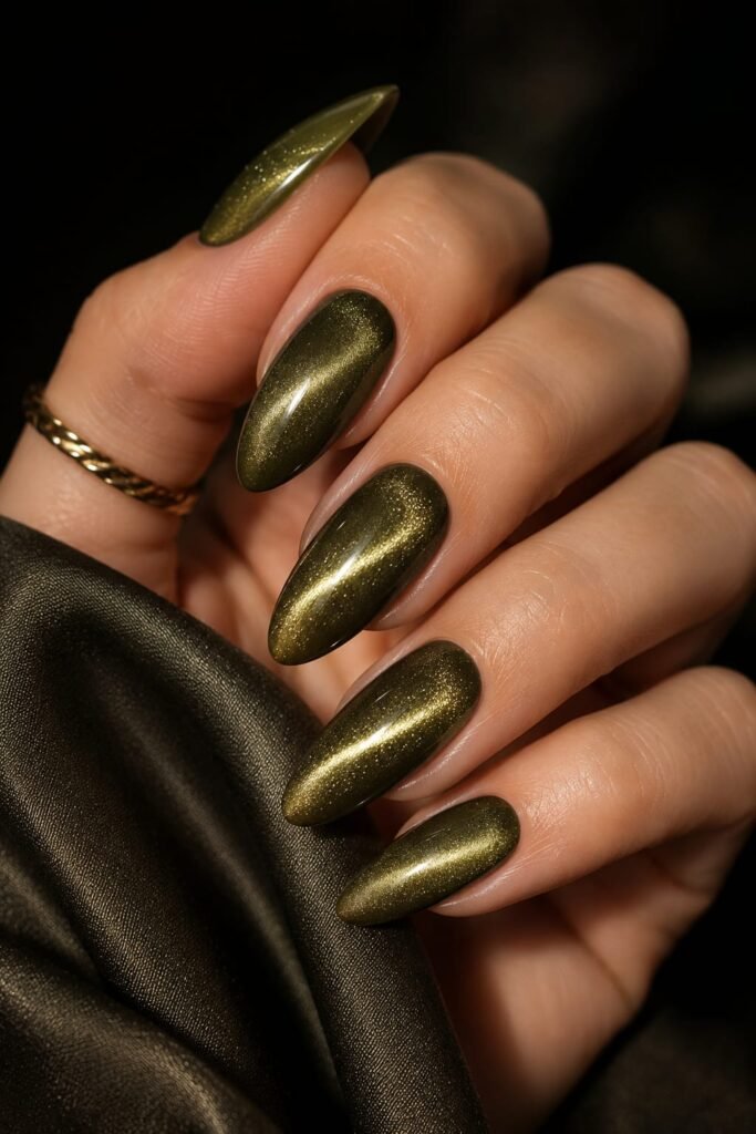 Velvet cat eye manicure in deep olive green with magnetic luster.