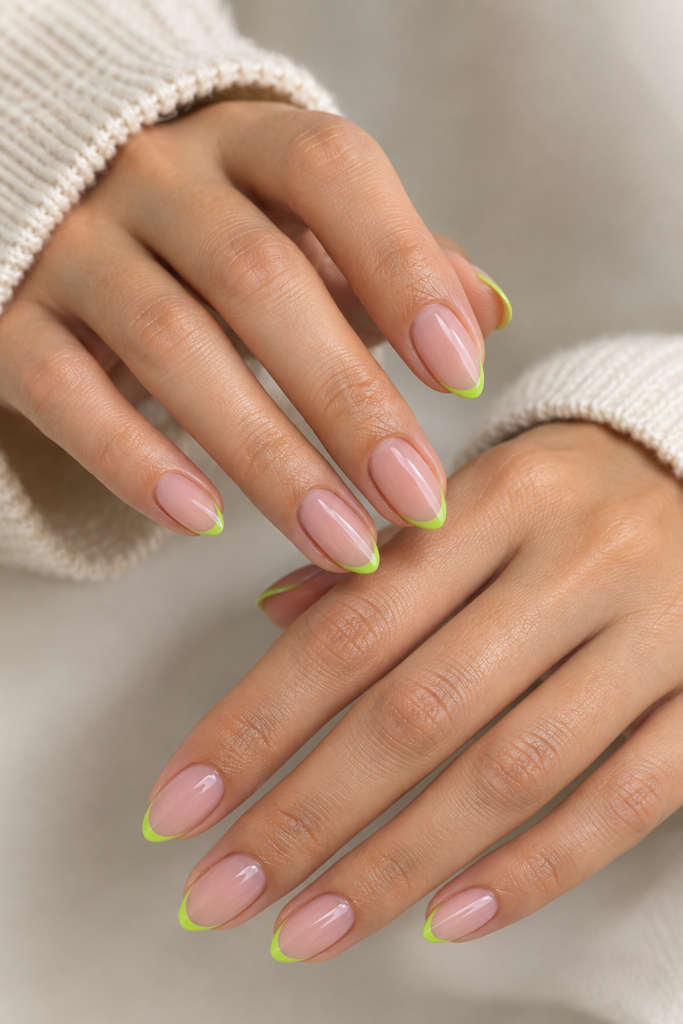 Vibrant lime green micro-French tips over a sheer nude almond manicure.