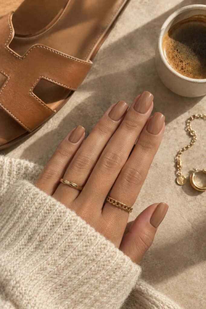 Warm caramel beige September nails with a glossy finish styled with an ivory sweater and tan sandal.