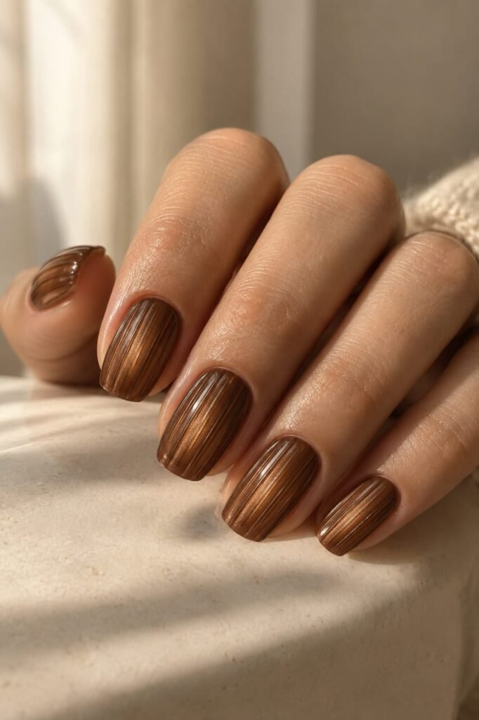 Warm iced-coffee brown ribbed glass manicure with bronze magnetic shimmer