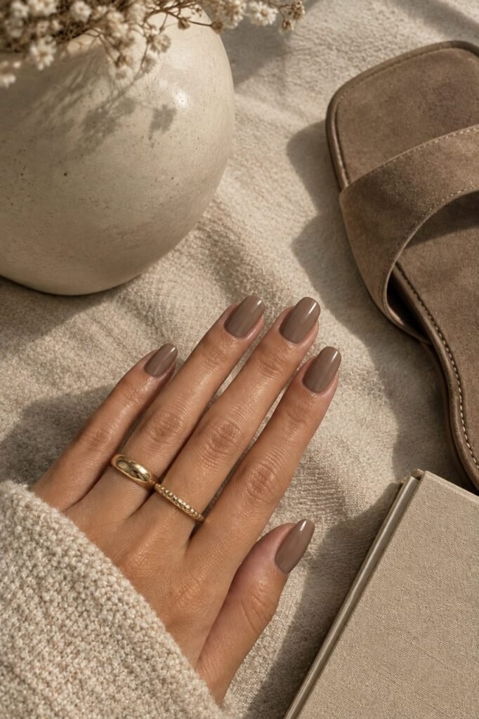 Warm mushroom taupe September nails with a reflective crème finish styled with oatmeal fabric and a suede sandal.