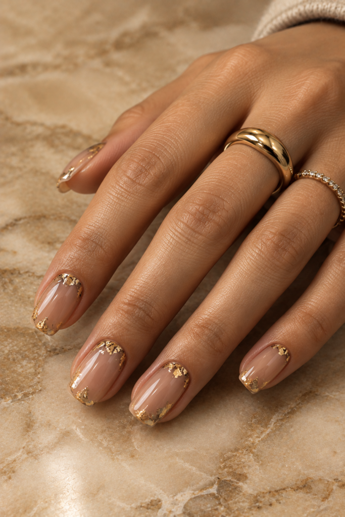 Warm nude squoval nails decorated with delicate antique gold leaf accents.