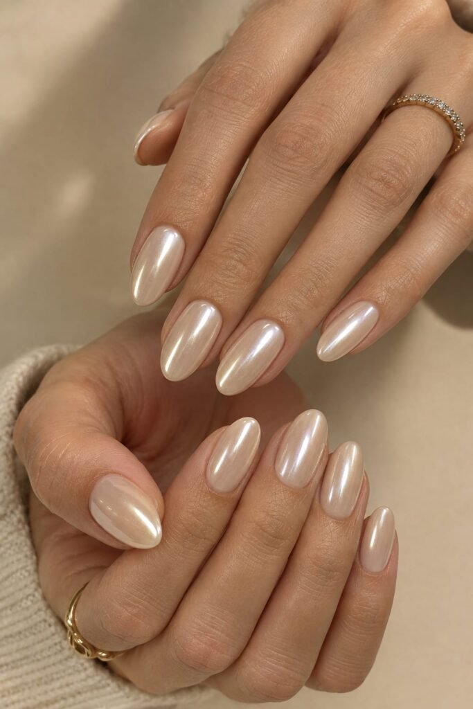 Warm vanilla champagne chrome nails with medium oval shape