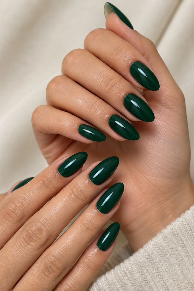 Deep emerald green glossy almond nails on naturally positioned feminine hands.