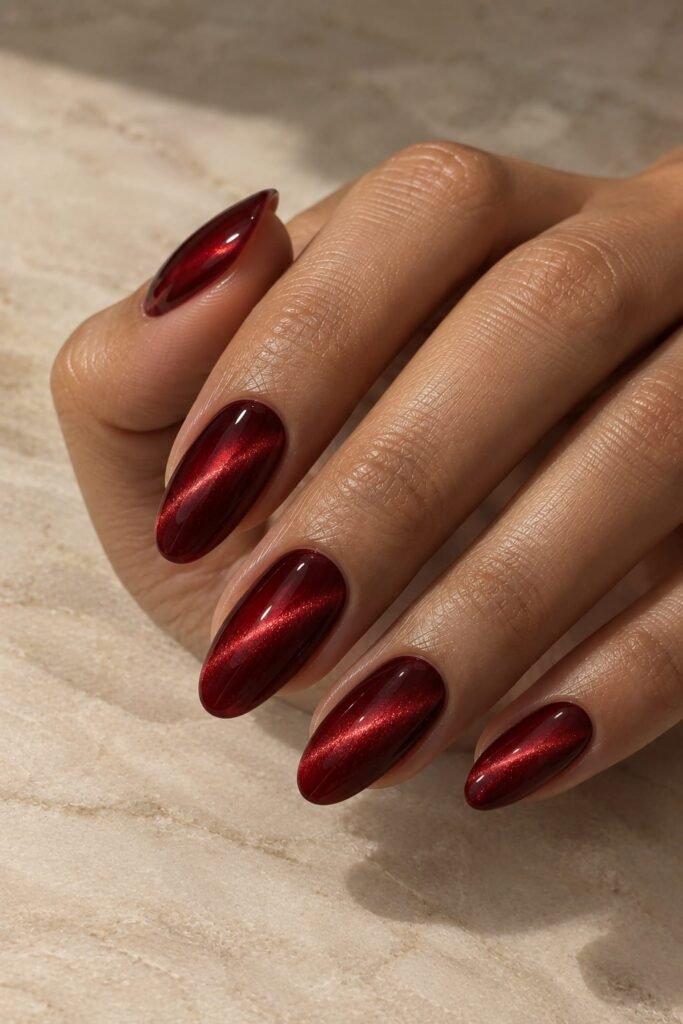 Deep cherry red magnetic cat-eye nails with luminous shimmer