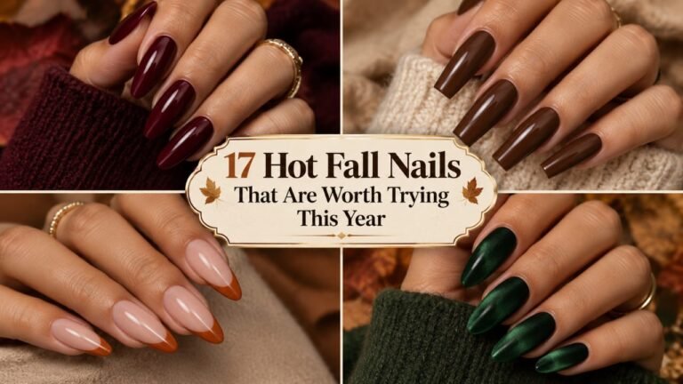 Stylish feminine hands displaying burgundy, chocolate brown, burnt orange, green velvet, chrome, and gold-accented hot fall nails.