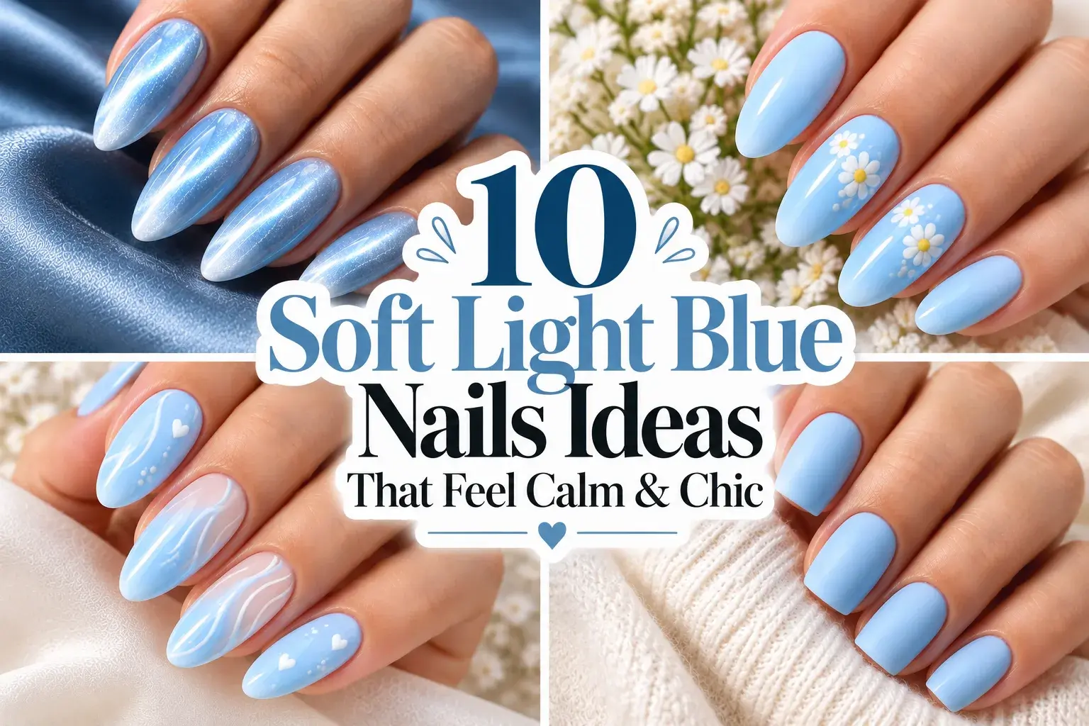 A four-panel collage showing hands with different light blue nail designs, including metallic, floral, wavy, and matte finishes.