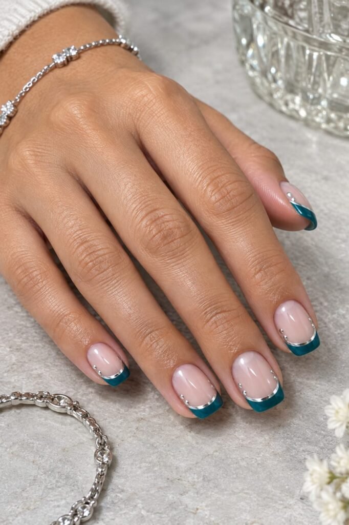Short squoval teal French tip nails with thin silver detailing over a sheer nude base.