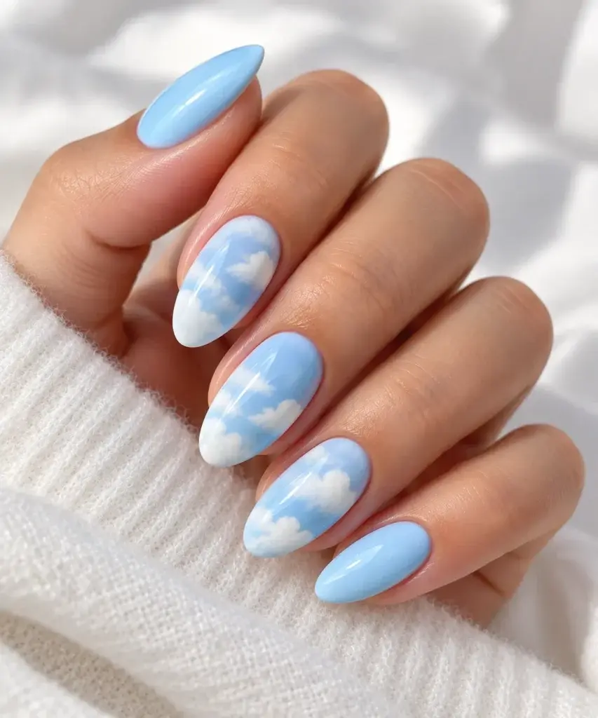 A hand with long, almond-shaped nails painted in light blue with a white cloud design, resting on a white knit sweater.