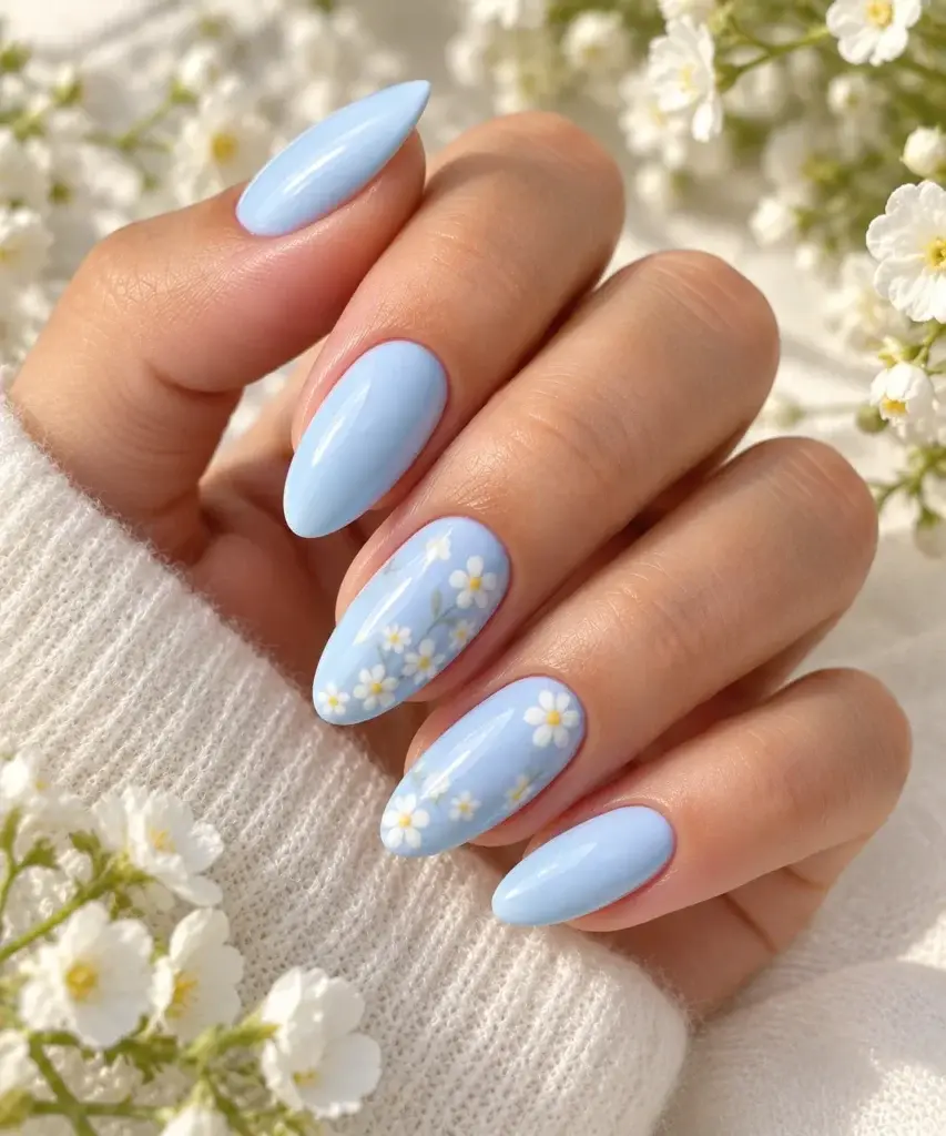 Almond-shaped light blue nails with white daisy floral art on accent fingers, resting near white blossoms.