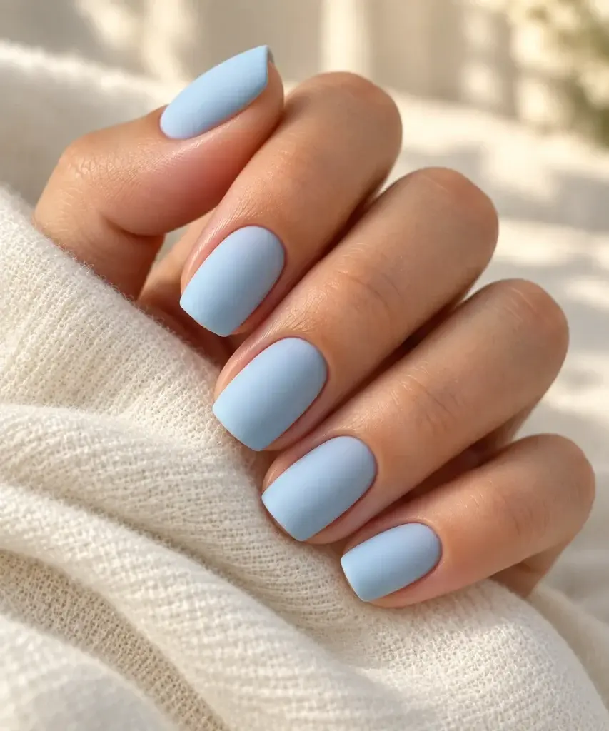 Close-up of a hand with short, square-shaped nails painted in a matte light blue polish, resting on a white knit fabric.