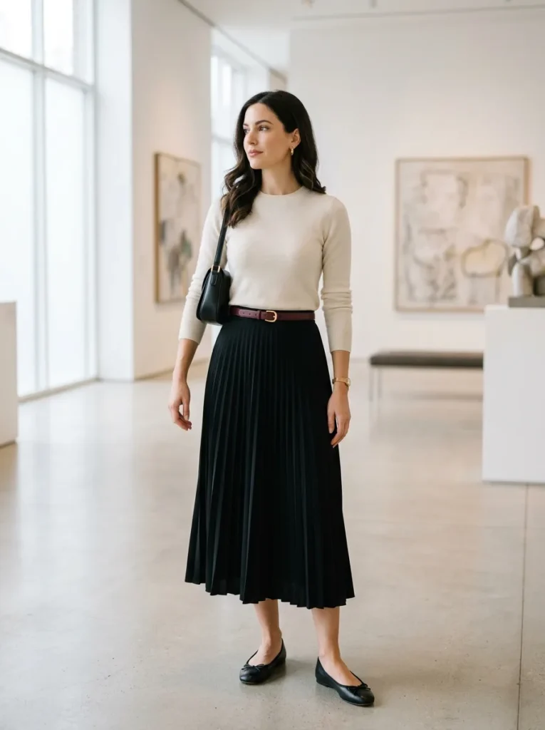 Black pleated midi skirt styled with an ivory sweater and burgundy leather waist belt.