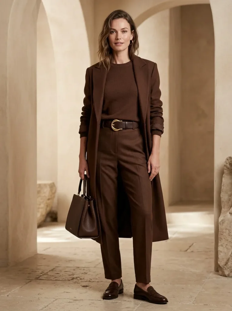 Chocolate-brown monochrome outfit accented with a sculptural gold-buckle leather belt.