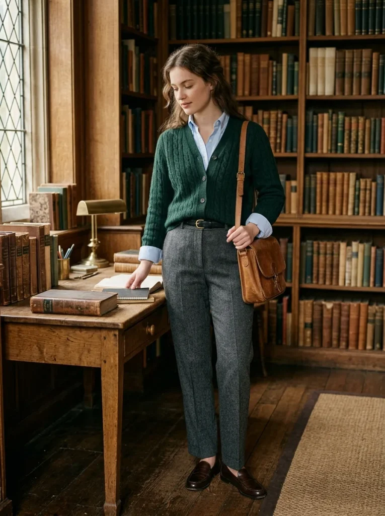 Forest-green cardigan layered over a pale blue Oxford shirt with charcoal trousers and brown loafers.