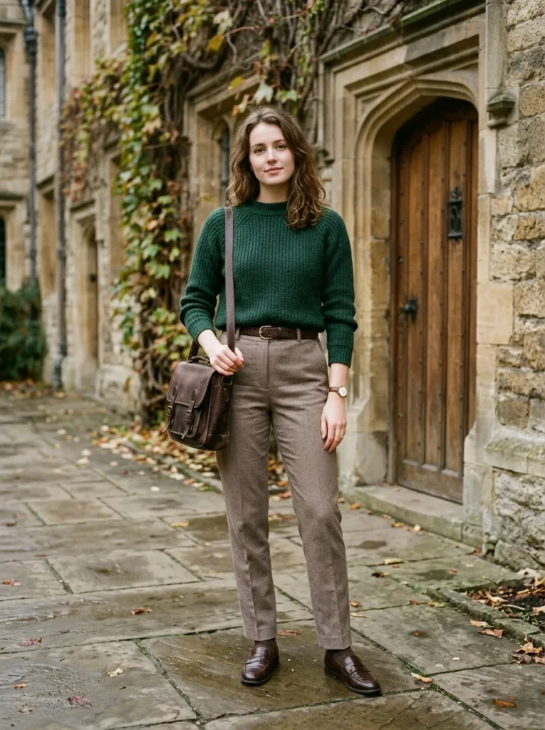 Forest-green wool sweater with taupe tailored trousers, a brown leather belt, and espresso loafers.