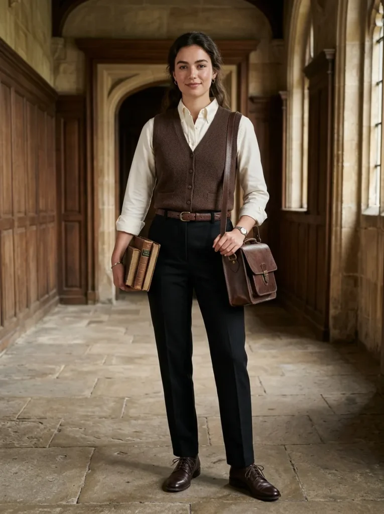 Ivory Oxford shirt and chocolate knitted waistcoat paired with black tailored trousers and brown Oxford shoes.