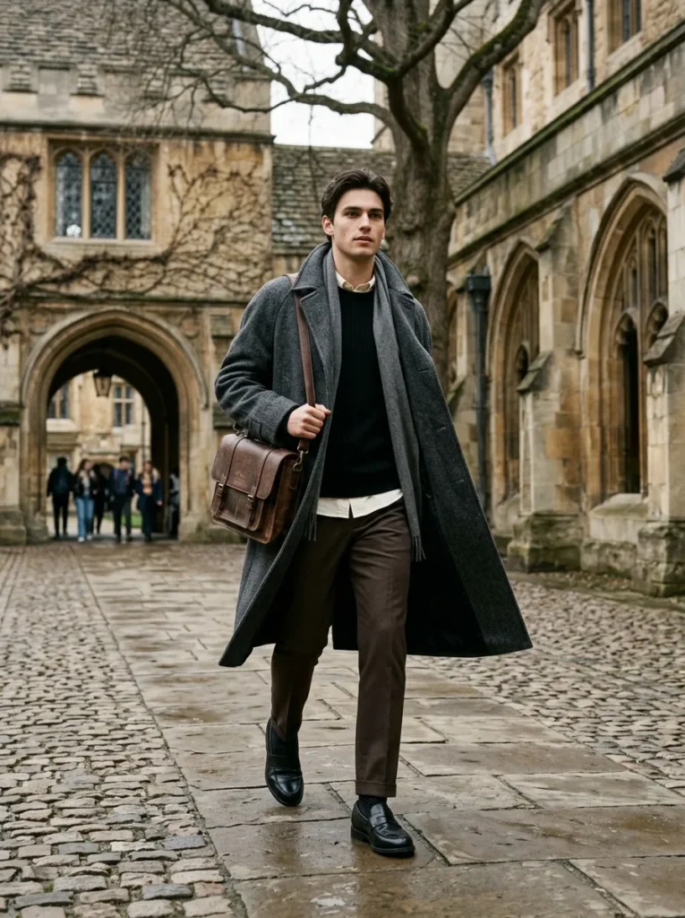 Long charcoal wool coat layered over a cream collared shirt and black sweater with tailored trousers and loafers.