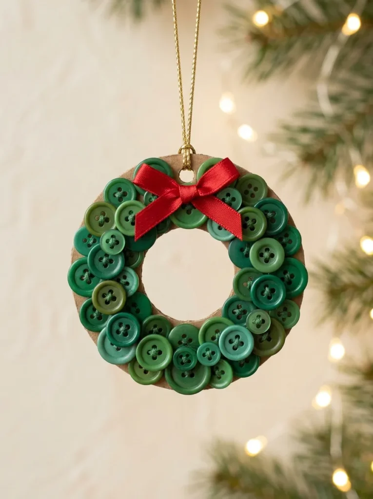 Miniature Christmas wreath ornament made from green buttons with a red bow and gold hanger.