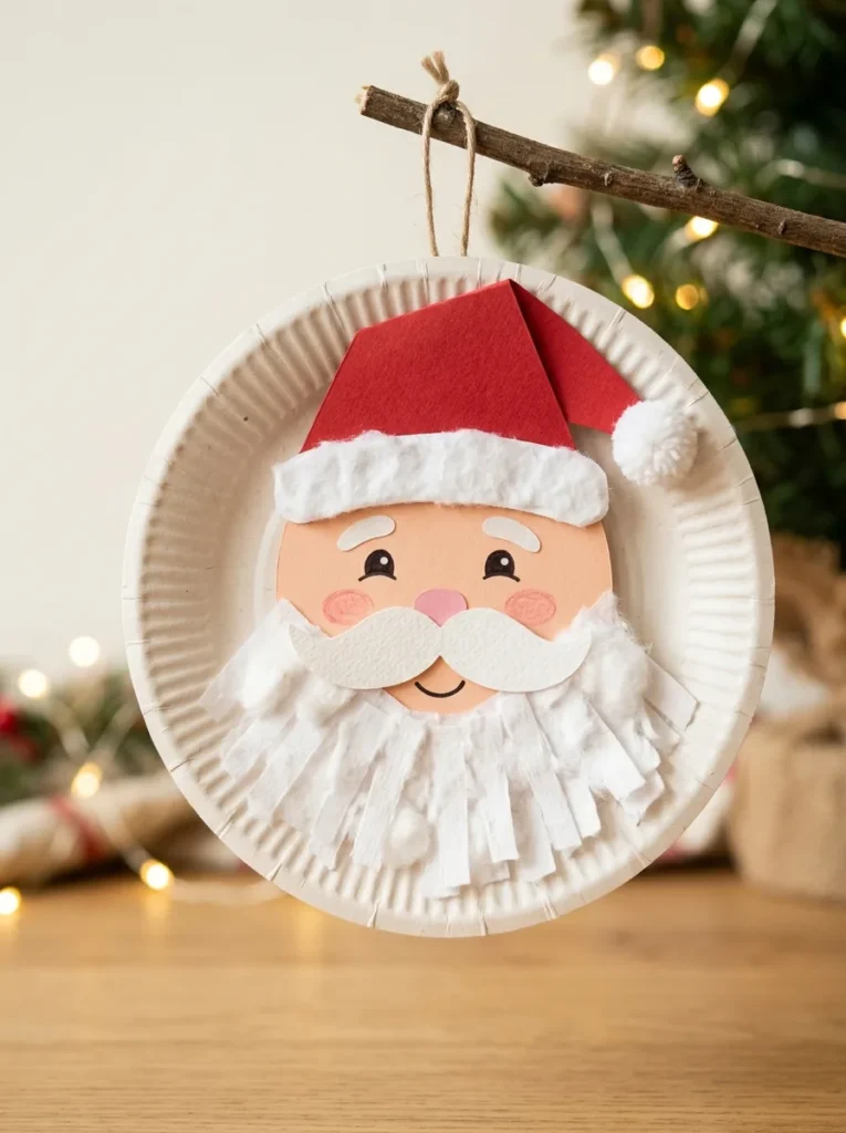 Paper plate Santa Claus ornament with a red hat, white beard, and rosy cheeks.