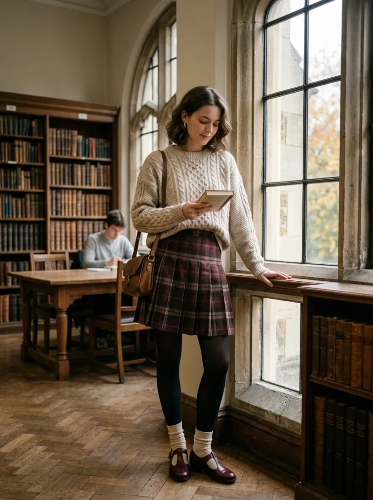 Plaid pleated skirt styled with an oversized oatmeal sweater, black tights, and burgundy Mary Jane shoes.