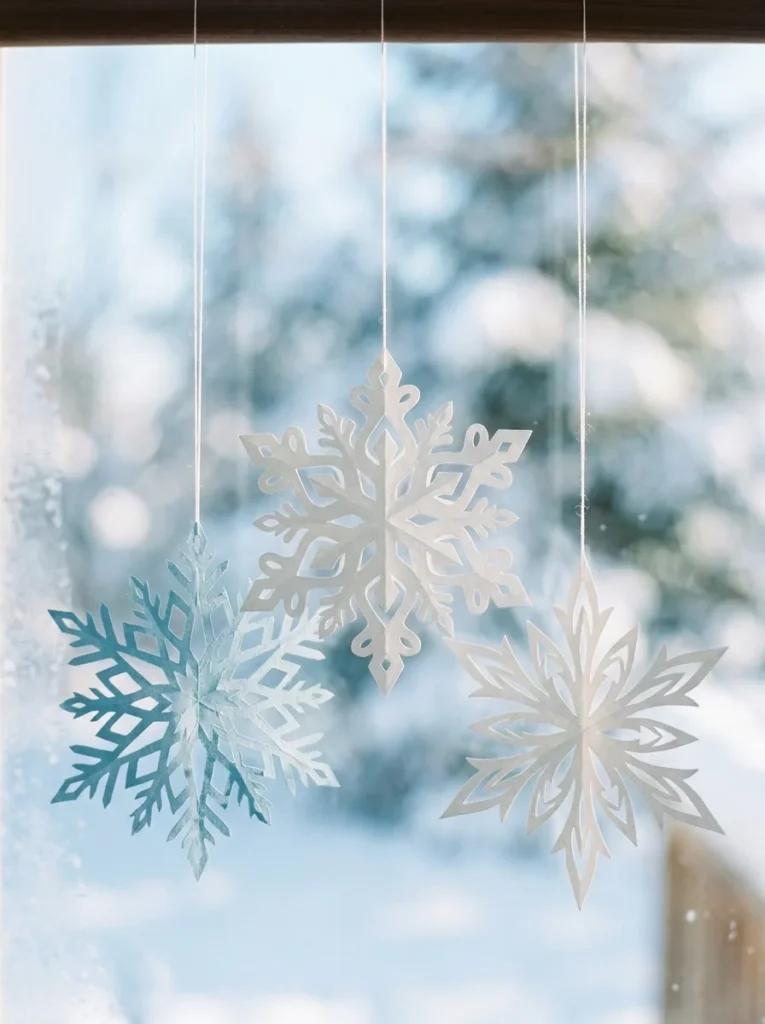 White and icy-blue handmade paper snowflake ornaments with delicate cutout patterns.