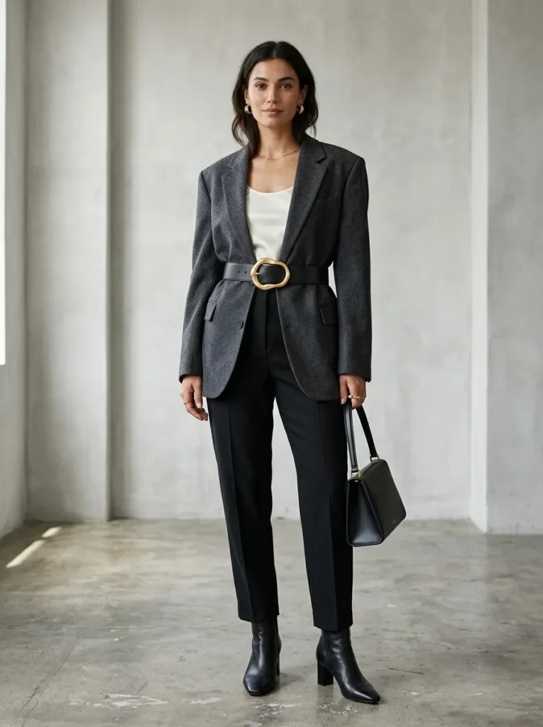 Woman wearing an oversized charcoal blazer cinched with a wide black leather belt and gold buckle.