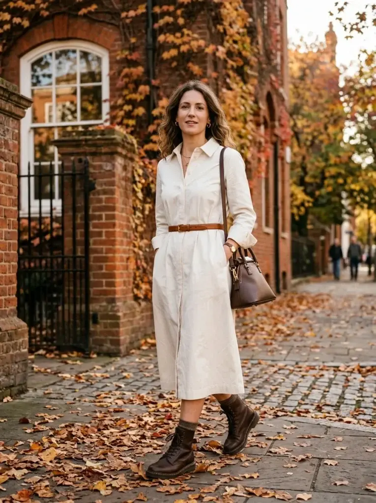 A belted cream shirt dress paired with chunky brown lace-up boots, a cognac belt, and a structured chocolate handbag.