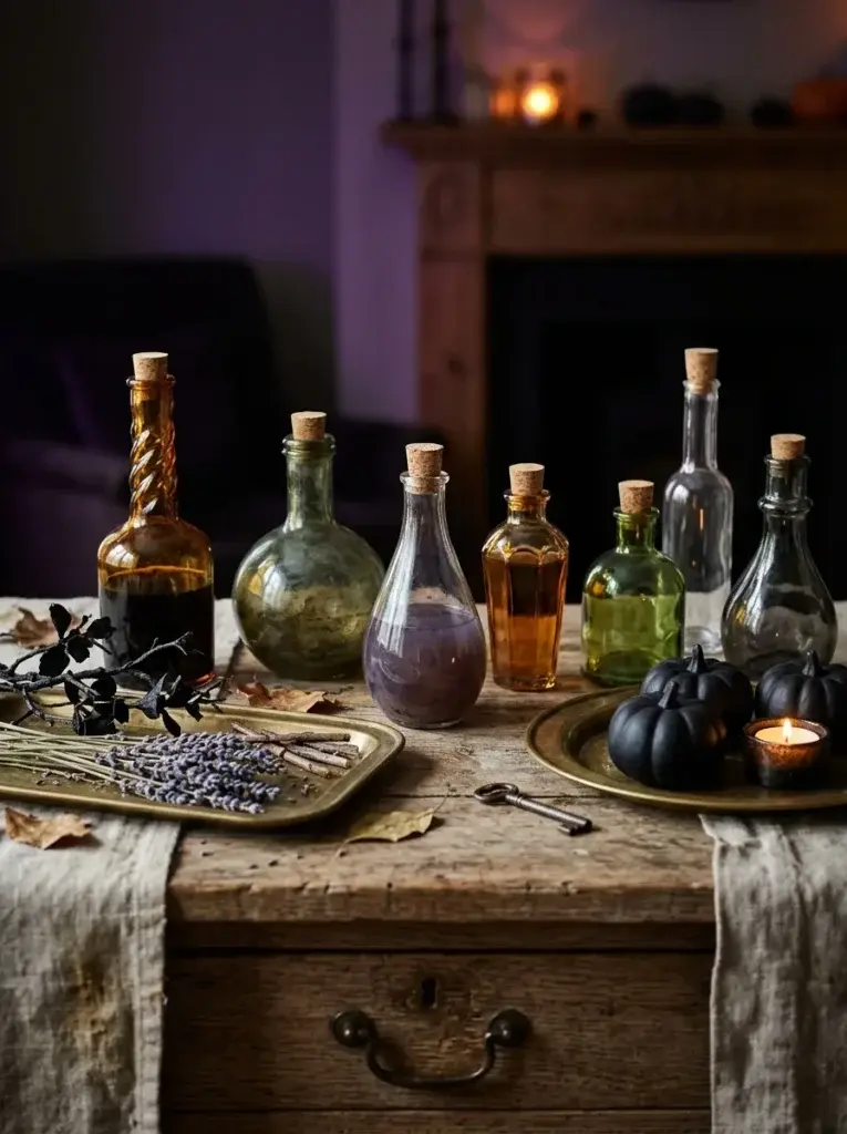 A bewitching potion bottle collection with amber and green glass, cork stoppers, brass trays, dried lavender, and black pumpkins.