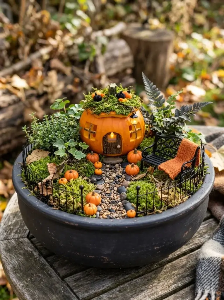 A black-and-orange miniature garden with a pumpkin house, black bench, moss, and tiny fence.