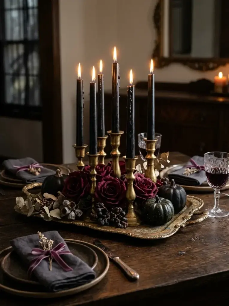 A black candle and antique brass centerpiece with burgundy flowers, dark pumpkins, eucalyptus, and charcoal linen.