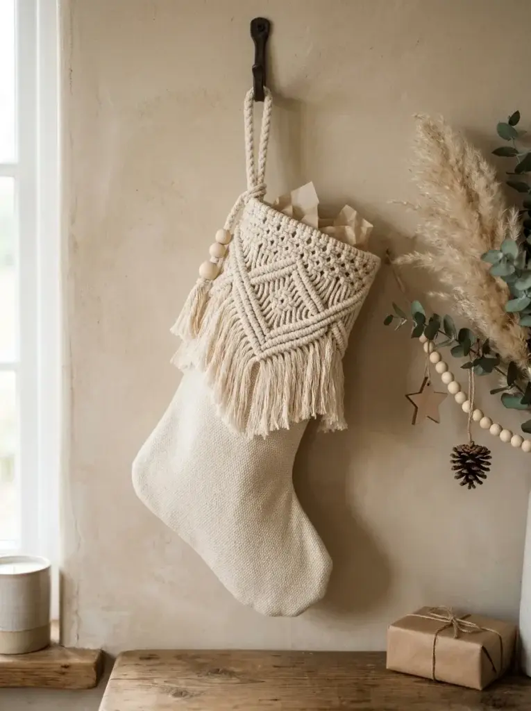 A boho Christmas stocking with a cream macramé panel, cotton fringe, wooden beads, and a natural braided hanging loop.