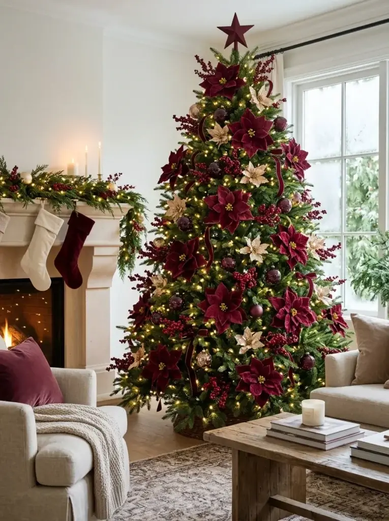 A botanical burgundy Christmas tree decorated with poinsettia flowers, berry sprays, champagne accents, and glowing lights.