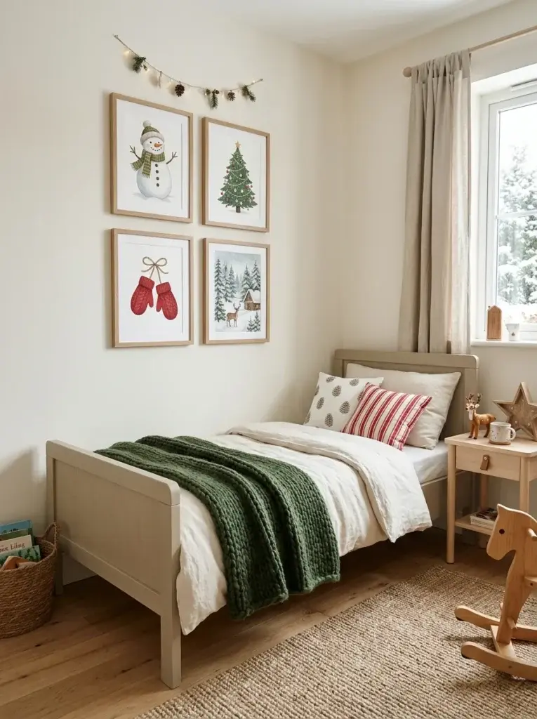 A bright children’s bedroom featuring framed Christmas tree, snowman, mitten, and woodland illustrations above a cozy bed.